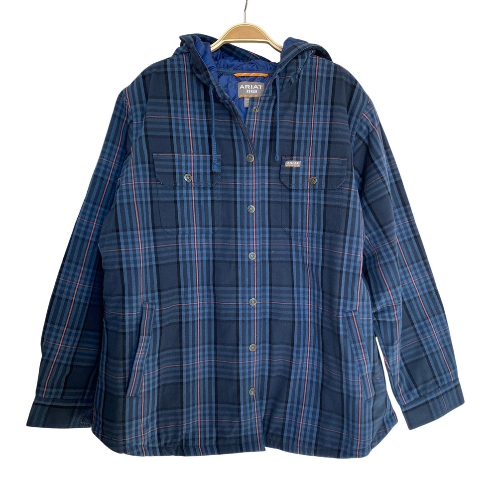 Ariat Rebar Flannel Hooded Shacket Shirt Jacket Women XXL Blue Plaid NWT - Picture 3 of 14